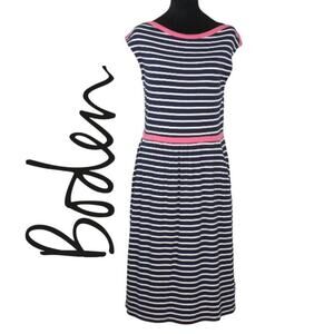 Boden Navy and White Striped Sleeveless Dress with Pink Trim Size US 8R UK 12R